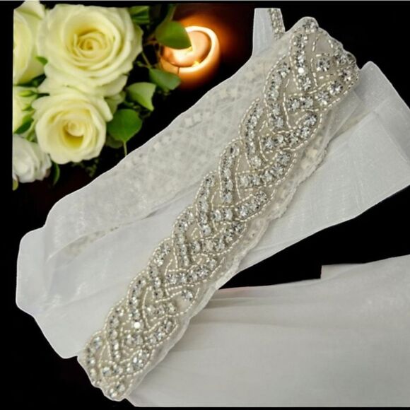 Rhinestone Beaded Bridal Belt Bride Wedding Gown Dress Sash White Long Plus NWT - Picture 1 of 11